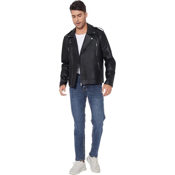 Men Black Faux Leather Biker Jacket Slim Fit Motorcycle Bomber Zip Up Coat - Picture 2 of 7